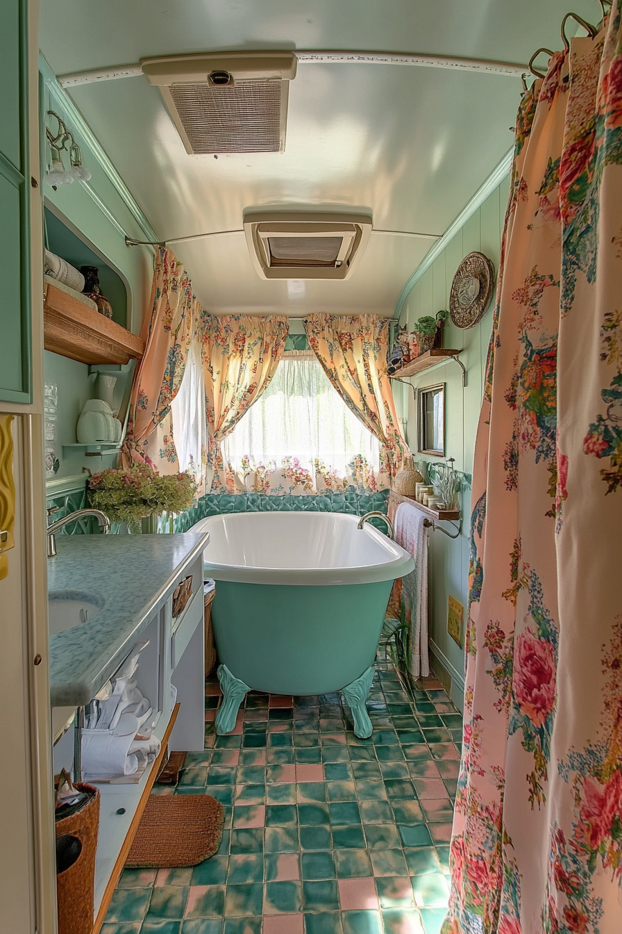 Wide angle view. RV bathroom with saddle tiled floor, pastel draperies, vintage claw-foot tub.