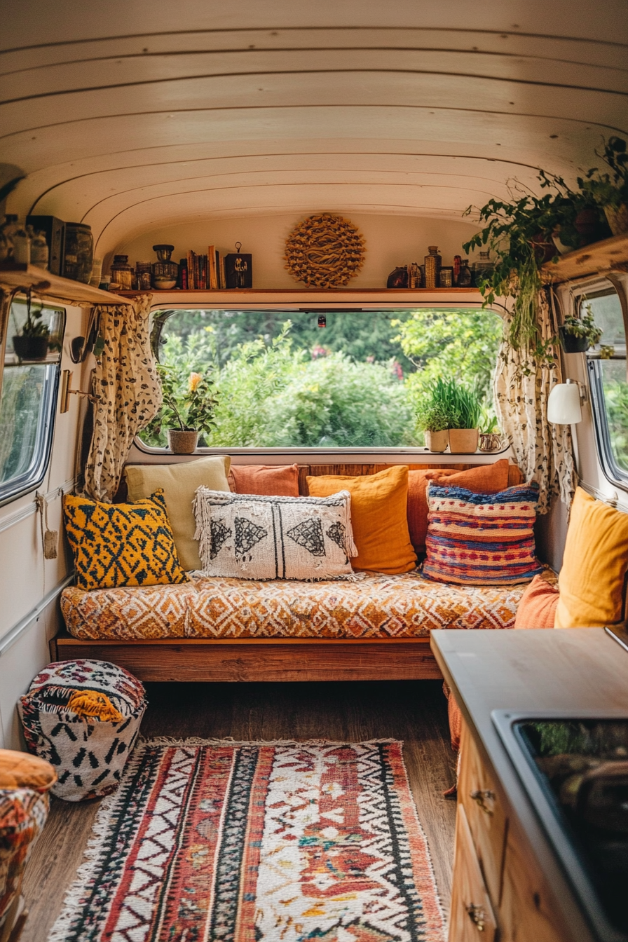 Wide angle natural mobile home view. Light amber wood and patterned organic textile furnishings.