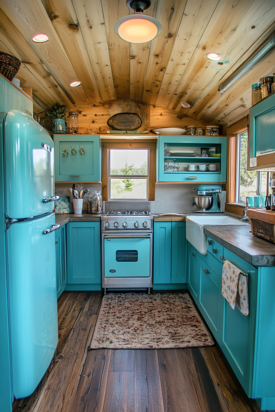 Wide angle view. Retro tiny house kitchen. Turquoise sleek cabinets and vintage refrigerator.