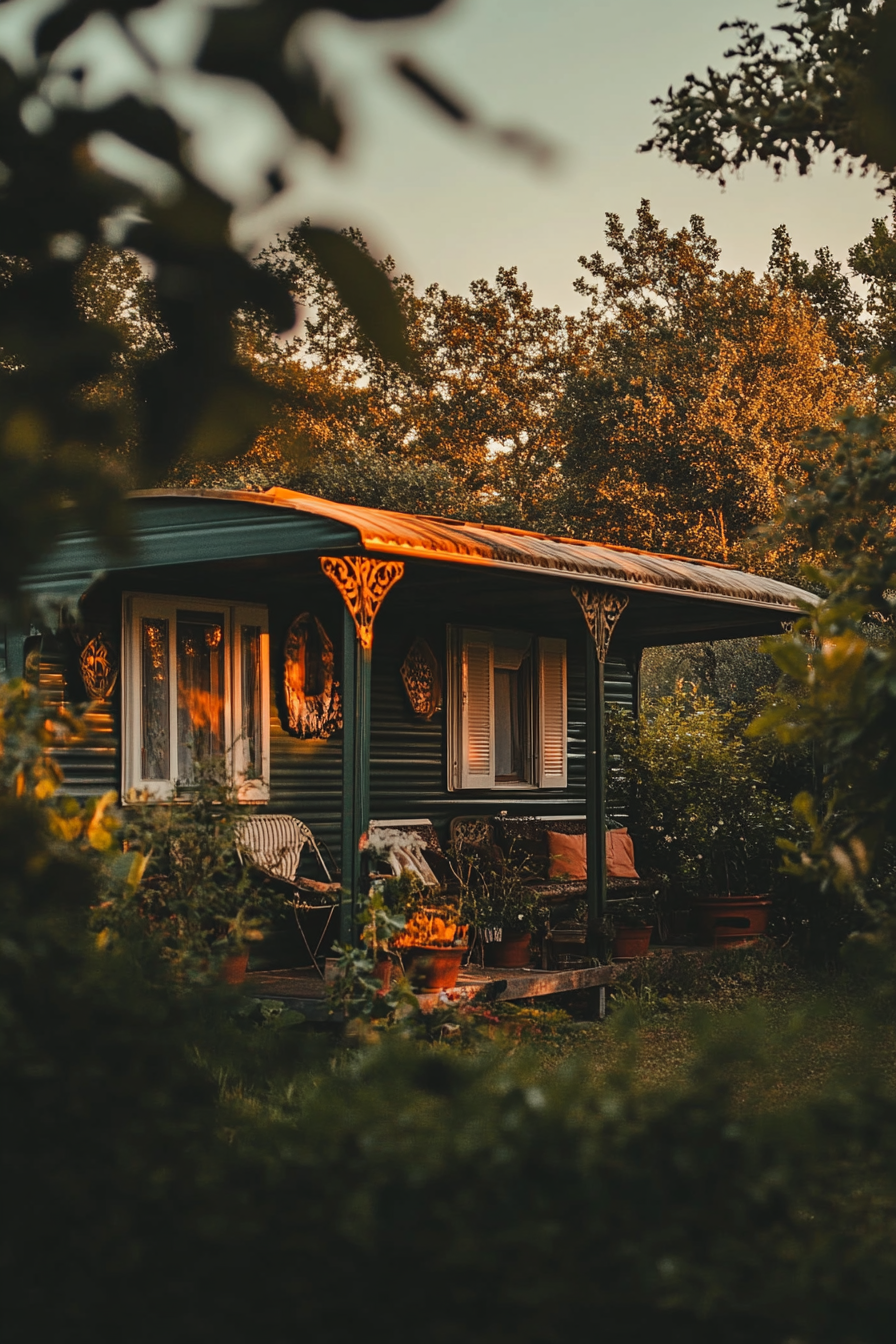 Wide angle view. Dark mobile home, arched details, terra cotta accents.