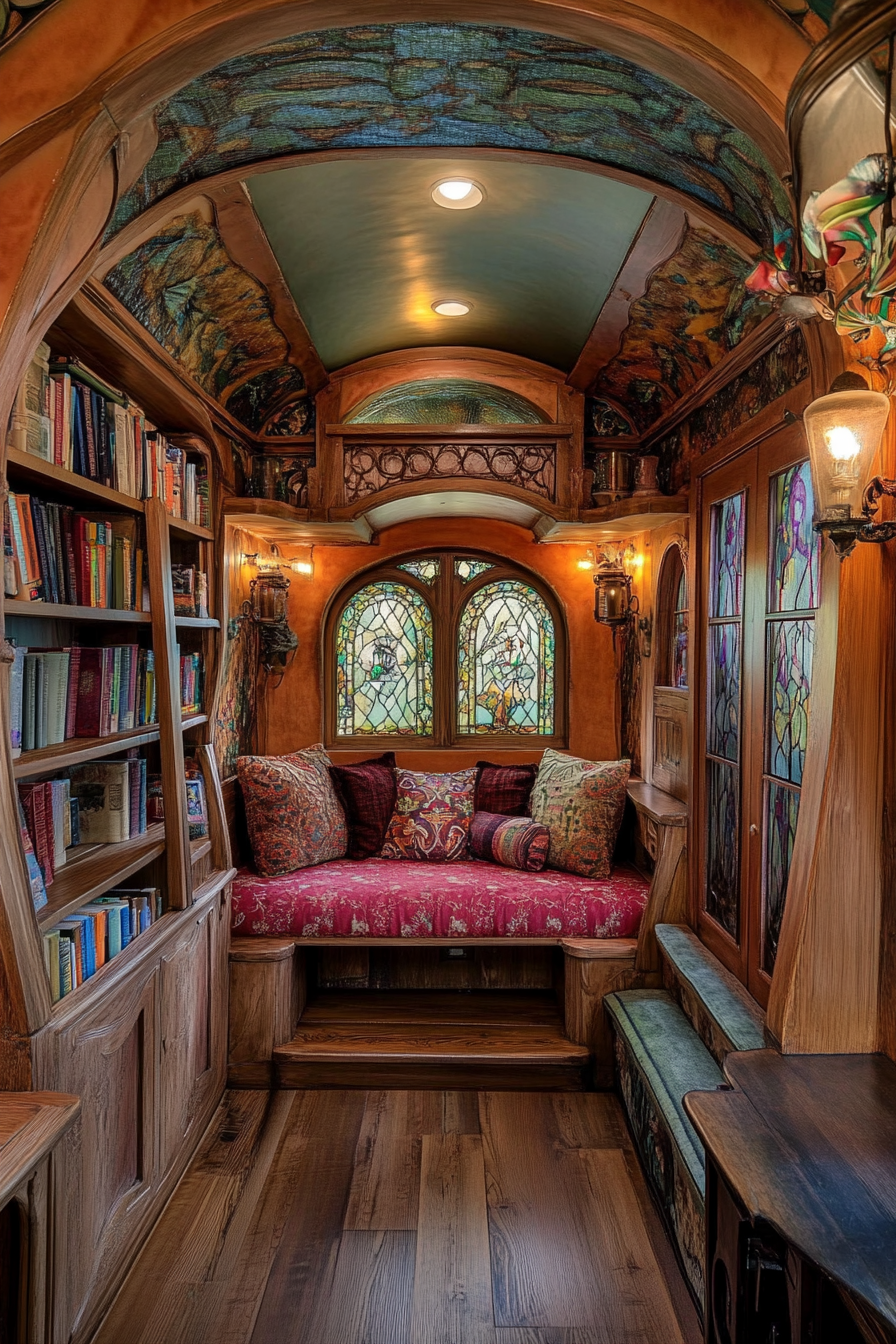 Wide angle view. Storybook-inspired mobile library, hidden nooks, and charming details.