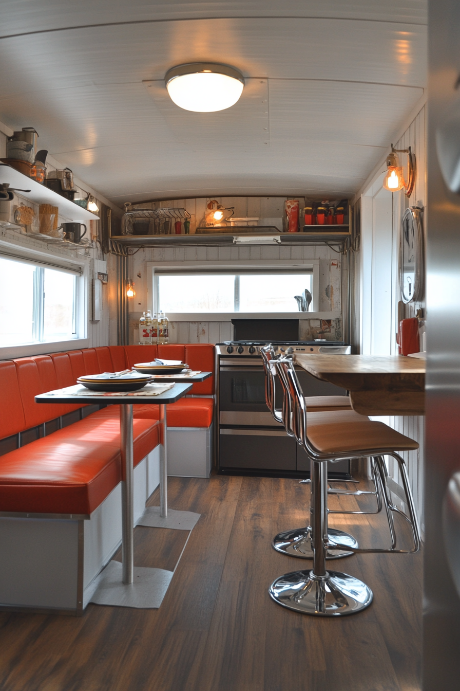 Wide angle view. Classic Americana tiny house kitchen with chrome details and booth seating.