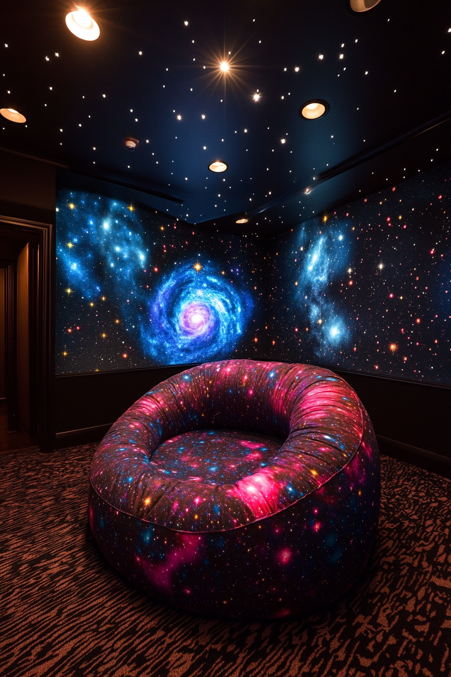 Wide-angle view of space-themed quarters. A galaxy print beanbag under star-themed projections.