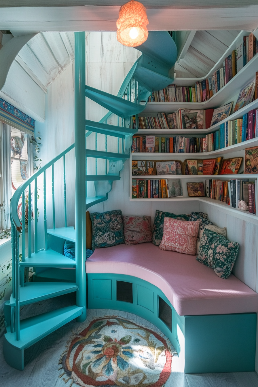 Wide angle view. Storybook-inspired mobile library, hidden reading nook under pastel turquoise spiral staircase.