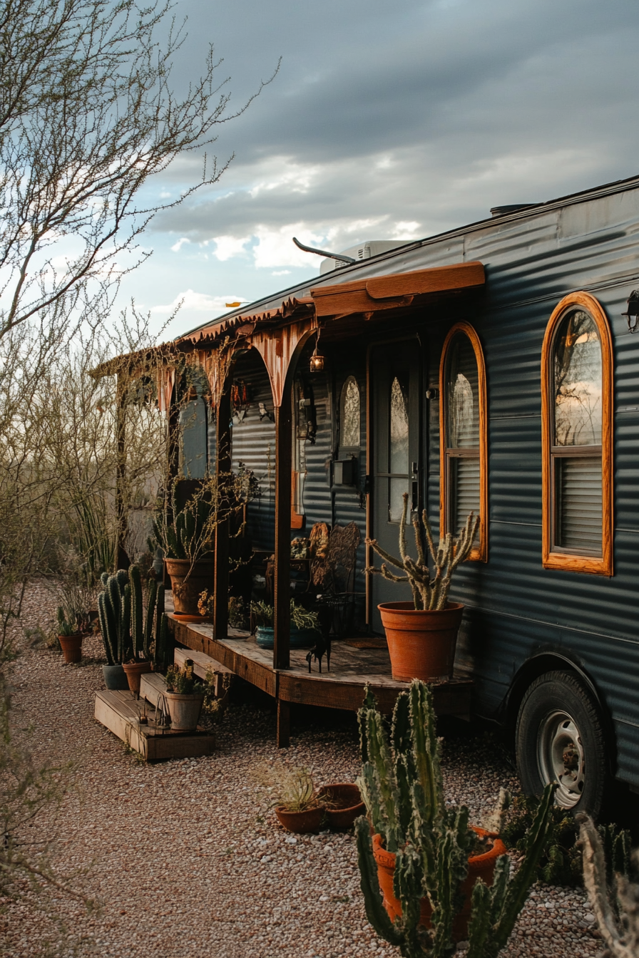 Wide angle view. Dark mobile home, arched details, terra cotta accents.