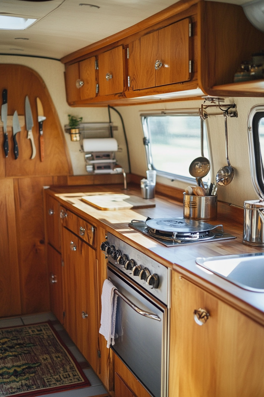 Wide angle view of camper kitchen. Teak cabinets and retro hardware.