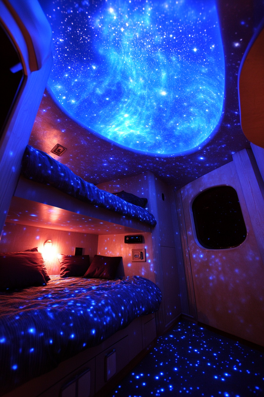 Wide angle of space-themed sleeping quarters. Blue nebula colored star projections on ceiling.