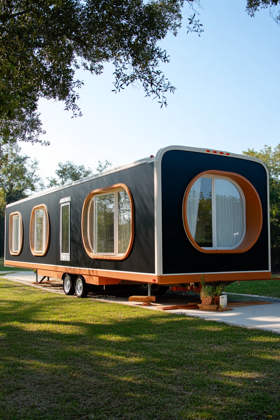 Wide-angle view. Dark mobile home with arched details and terra cotta accents.