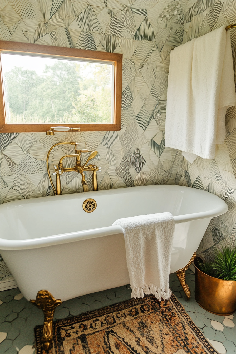 Mid-century camper bathroom. Geometric wallpaper, clawfoot bathtub, brass fixtures.