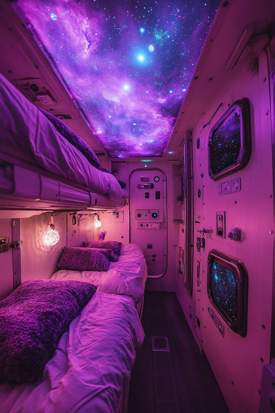 Wide angle view. Space-themed sleeping quarters with star projections and purple nebula hues.