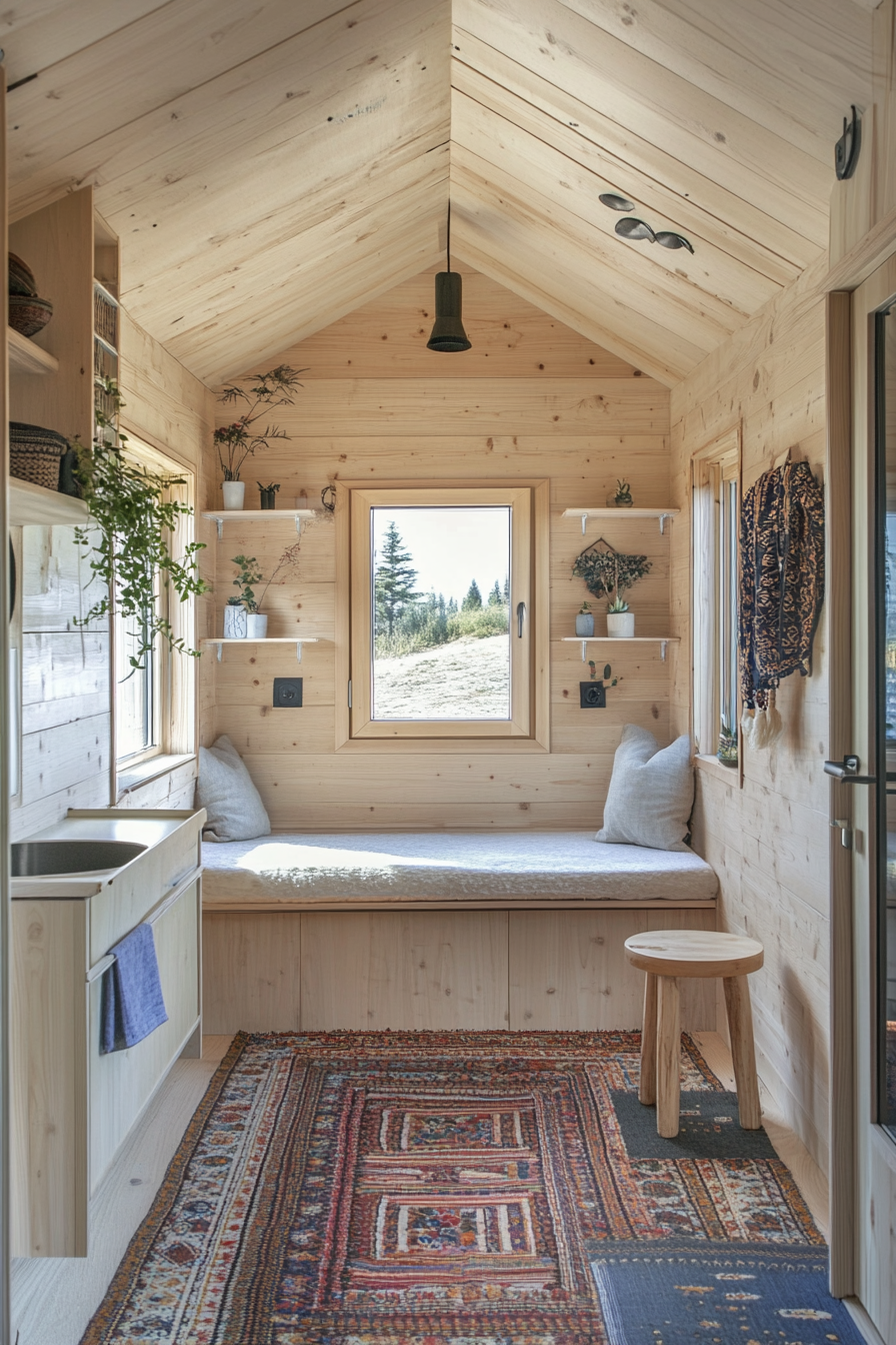 Natural mobile home view. Wide angle of light woods with organic textiles.