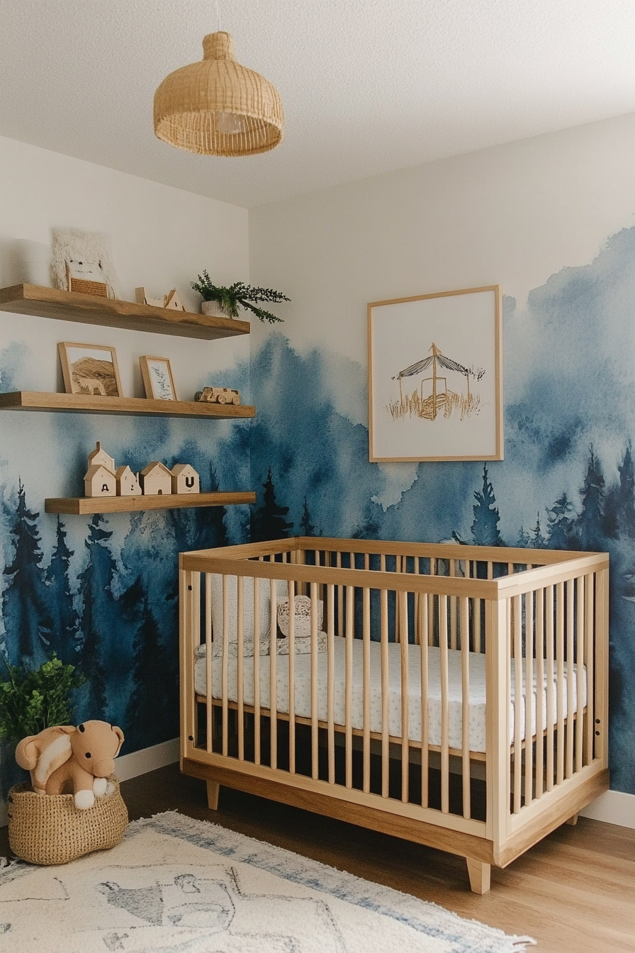 Nature-inspired baby room. Floating wooden shelves, blue watercolor wallpaper, adventure-themed crawling mats.