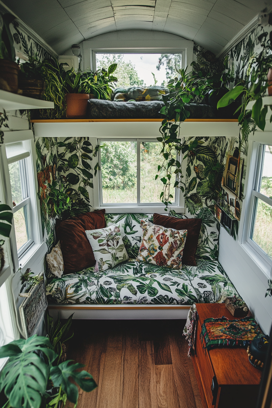 Wide angle view. Tiny house filled with exotic plants, greenhouse windows, and leaf-patterned wallpaper.