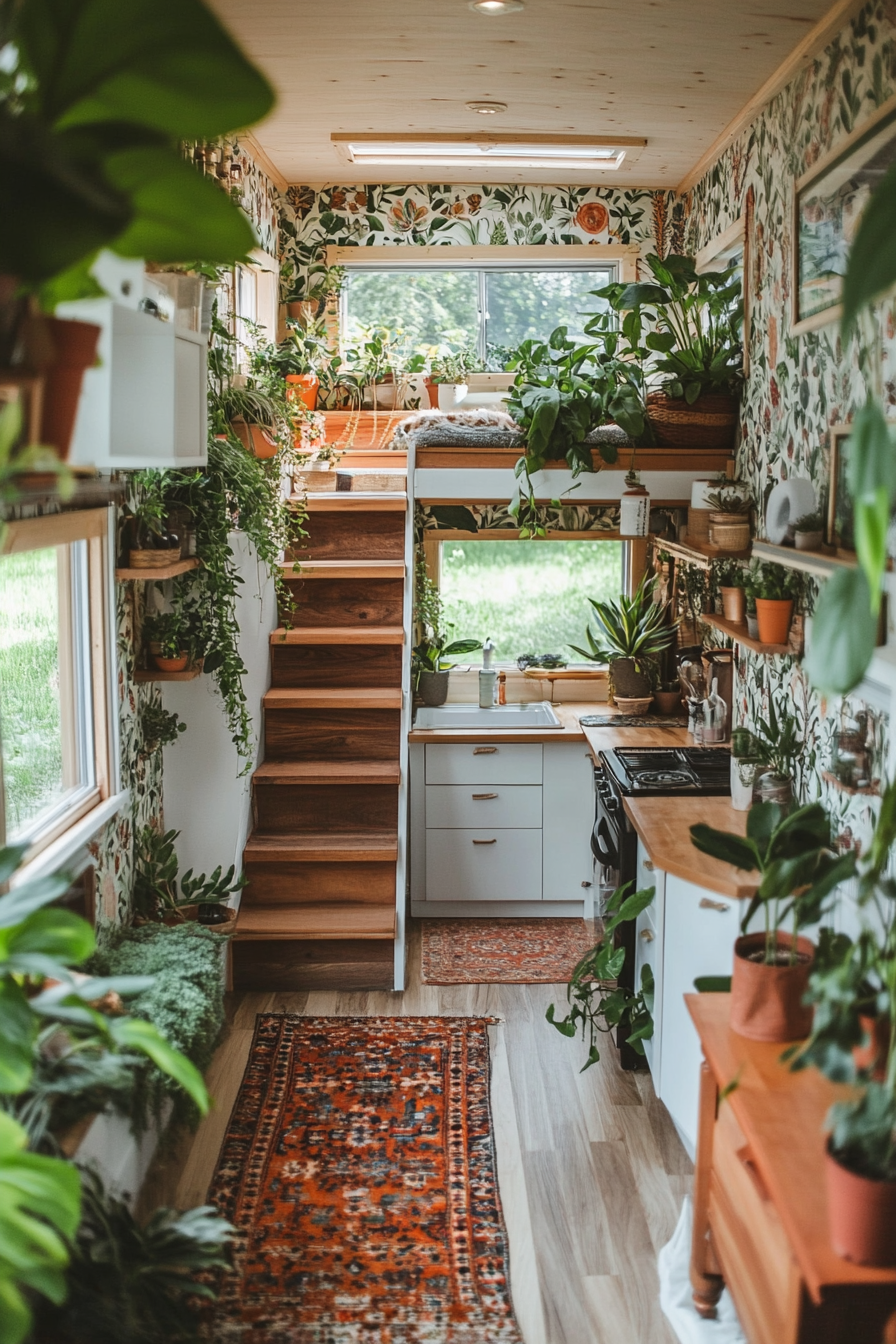 Wide angle view. Tiny house filled with plants, greenhouse windows, and botanical wallpaper.