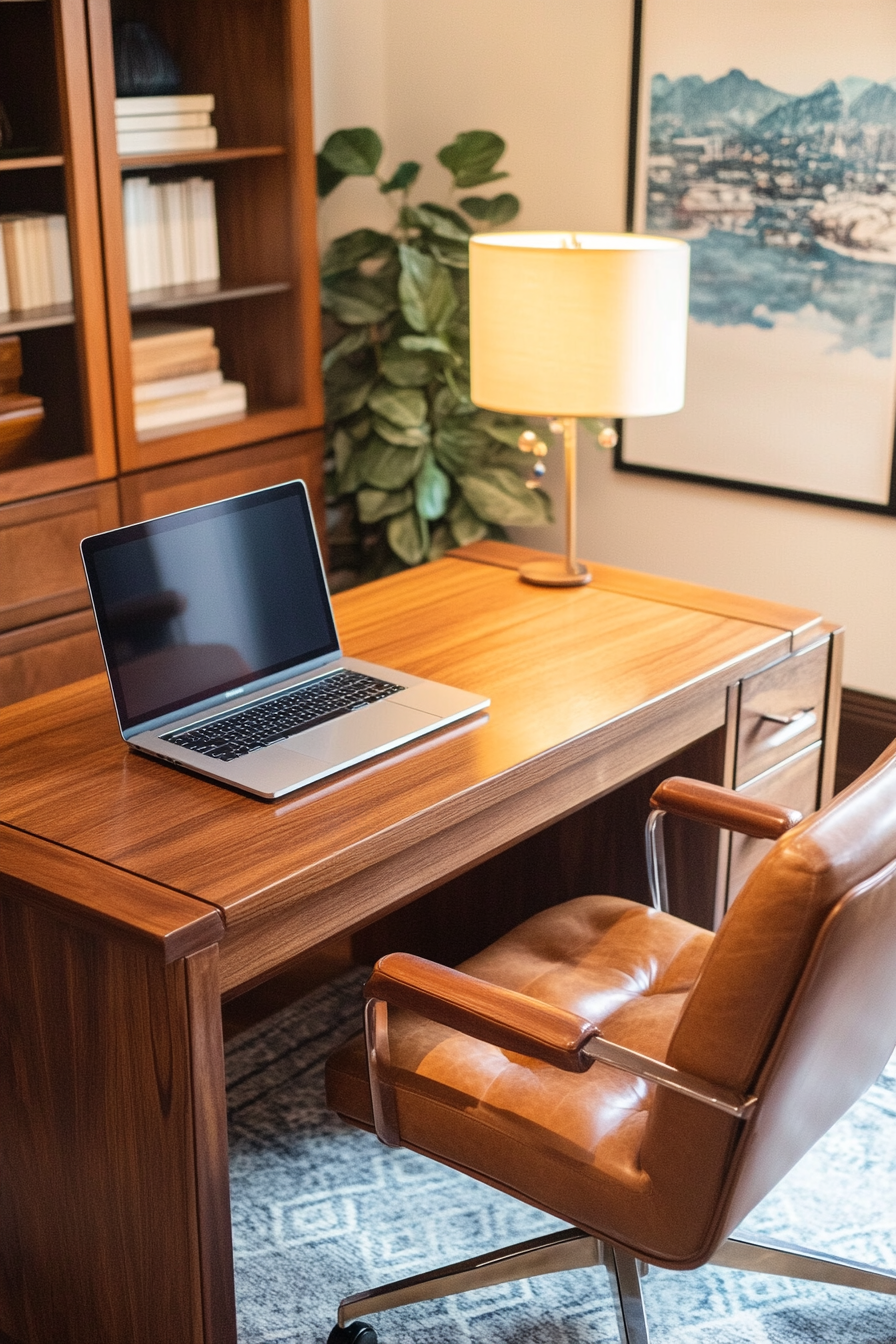 Professional mobile workspace. Mid-century wooden desk with a sleek laptop and plush leather chair.