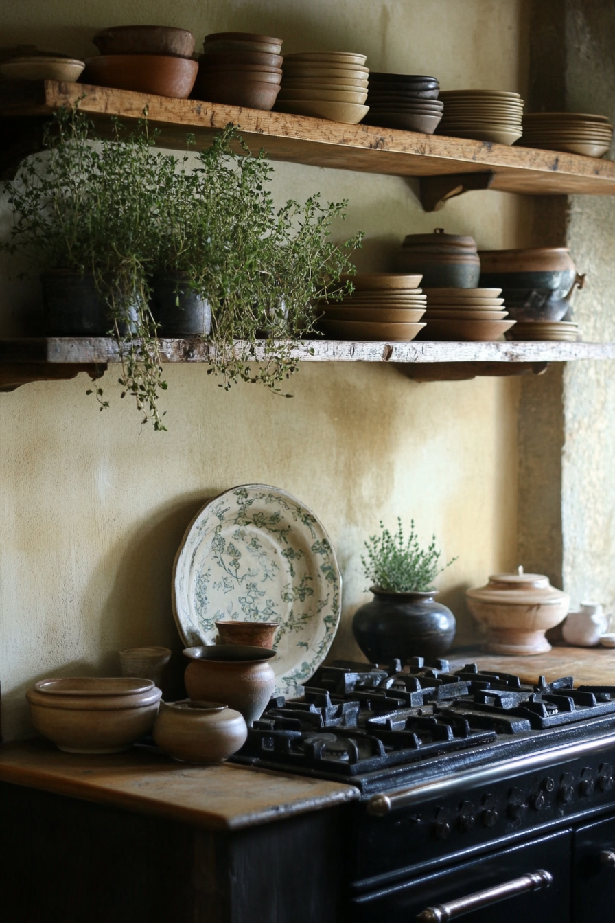 Provincial kitchen scene. Herbs drying above rustic gas range, pottery arrayed on oak shelving.