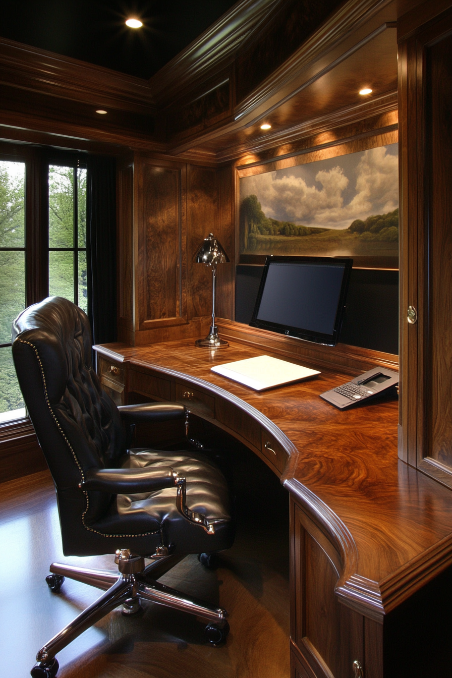 Upscale mobile workspace. Dark leather chair, extensive walnut desk, wide-angle view.