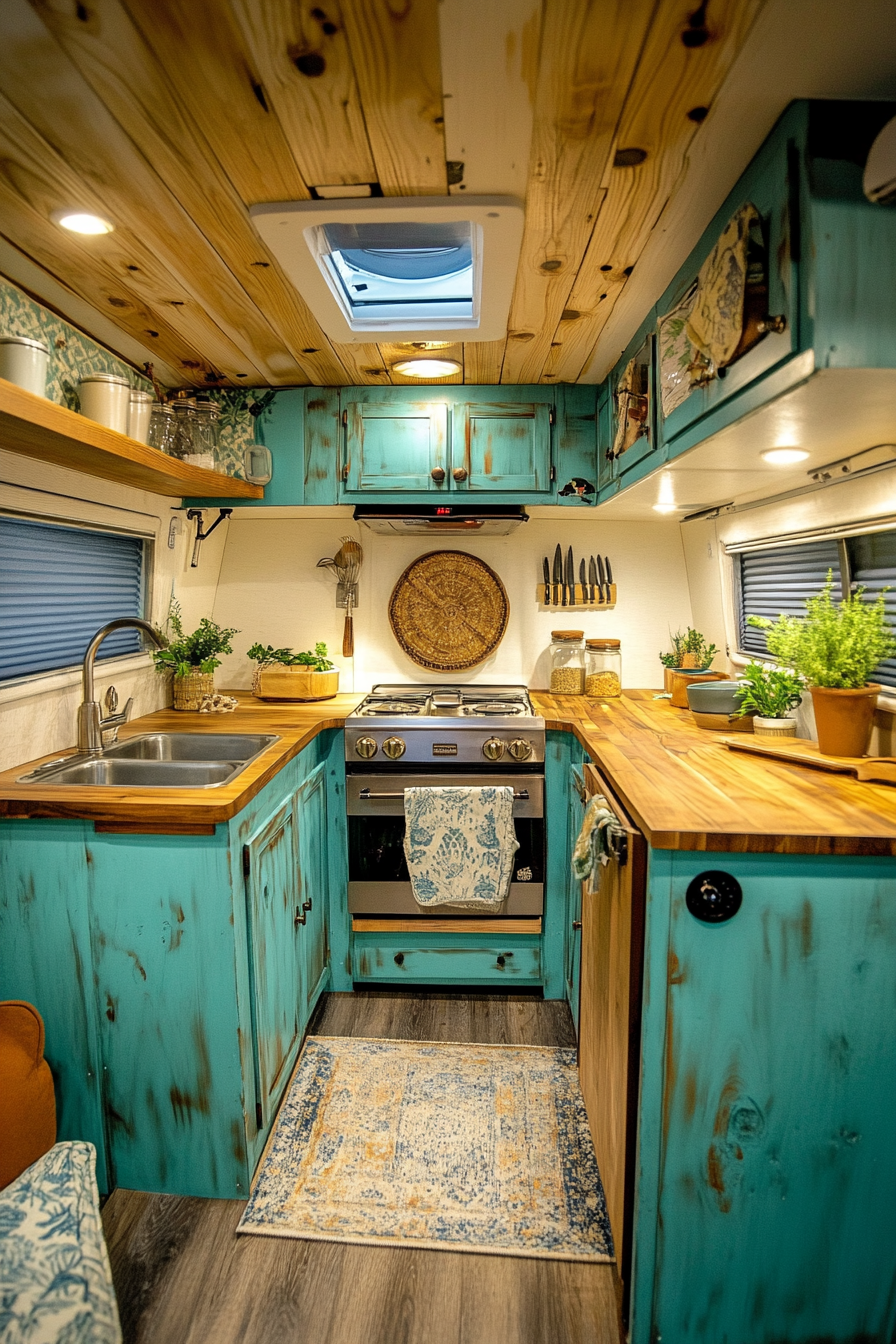 Wide angle view of classic camper kitchen. Aged teal paint on pure teak cabinets with bronze retro knobs.