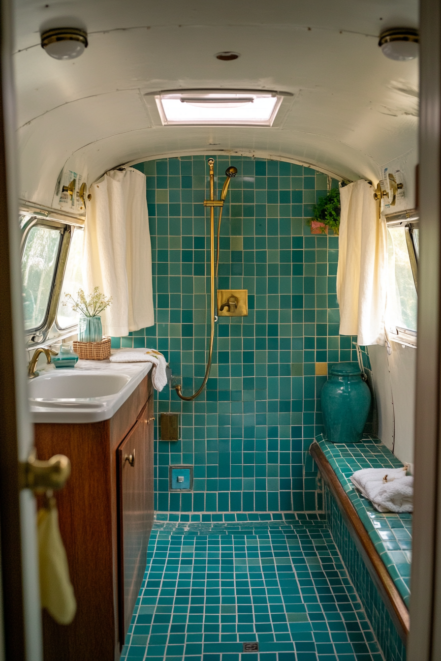 Wide angle view. 1950s inspired RV bathroom, vintage teal tile patterns, classic brass shower fixtures.