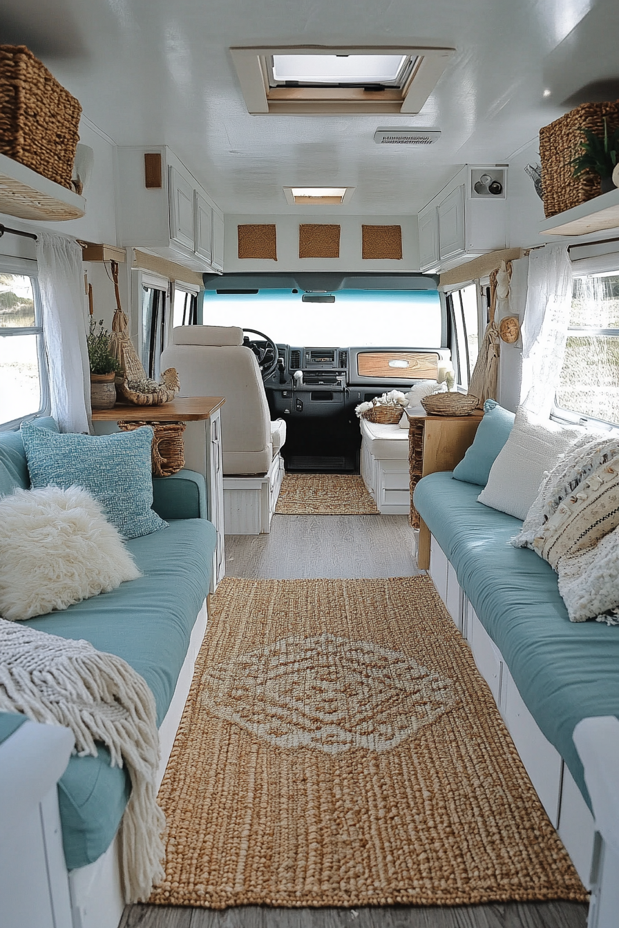 Wide angle view of RV. Pale blue interior, seashell accents, woven jute rugs.