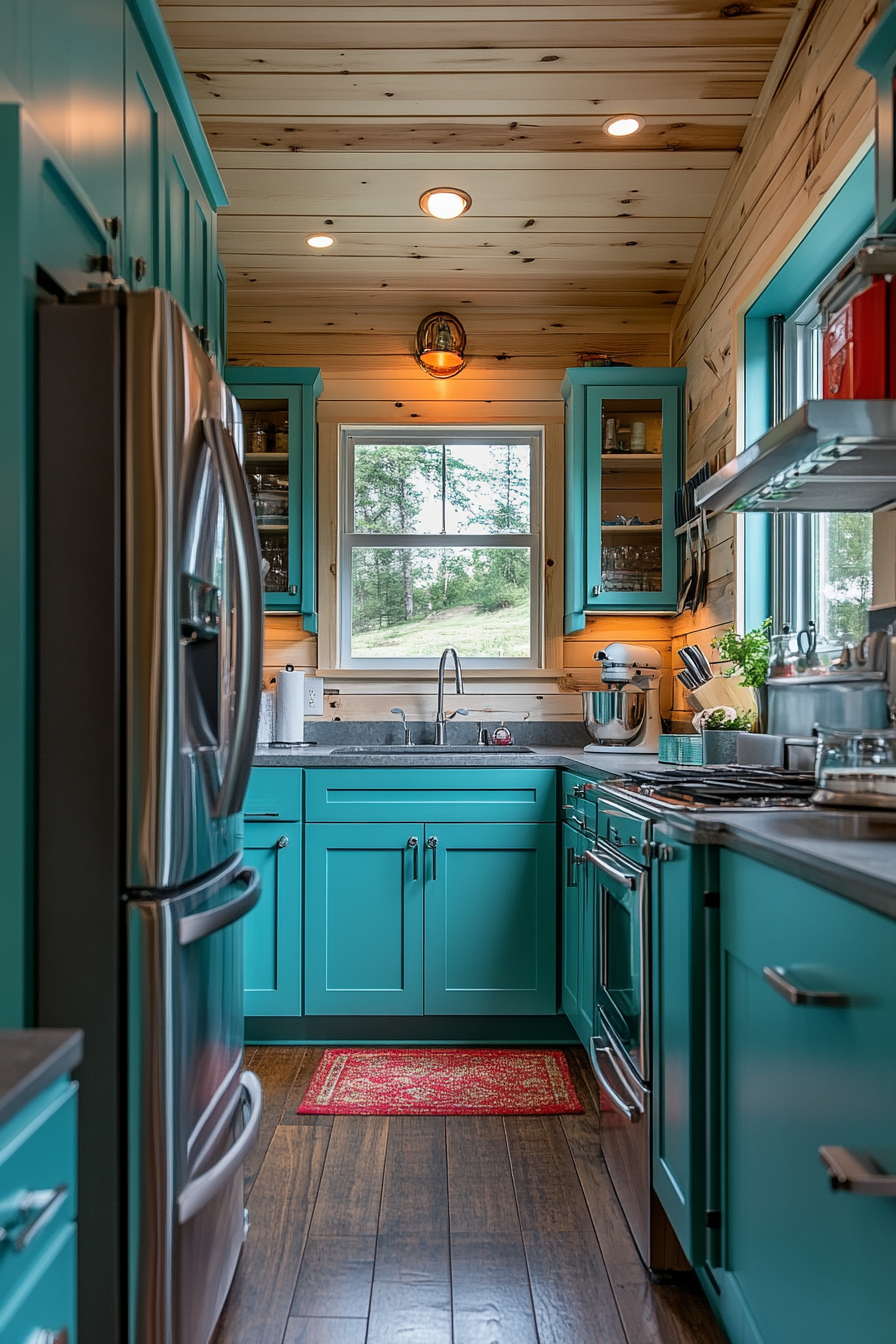 Wide angle view, tiny house kitchen, retro aqua blue cabinets, polished silver refrigerator.