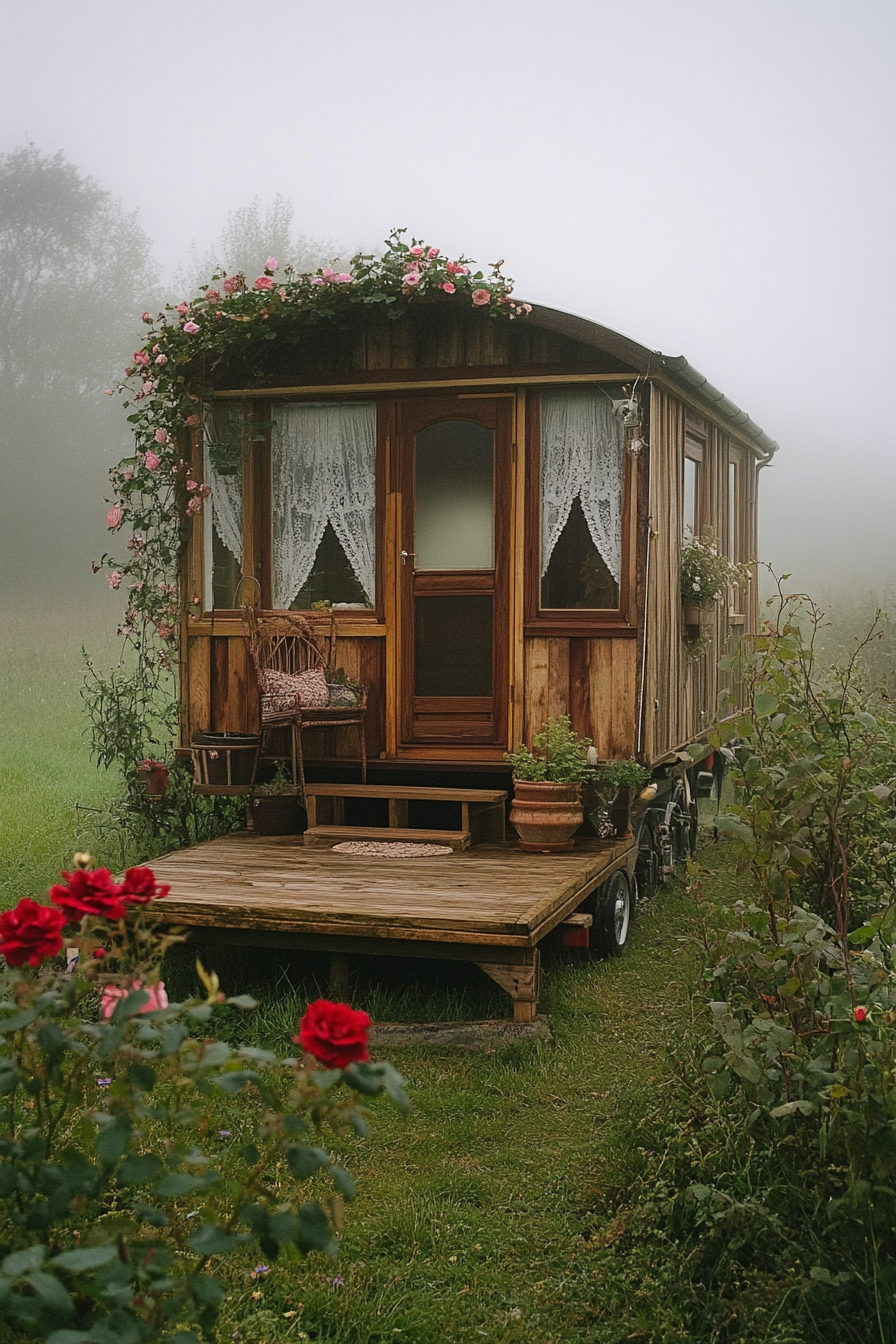 Wide angle view. Morning fog enveloping English countryside field, tiny house deck adorned with flourishing roses.