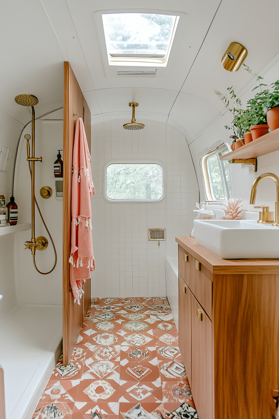 Wide angle view. Mid-century camper bathroom. Geometric tiles and brass shower fixtures.