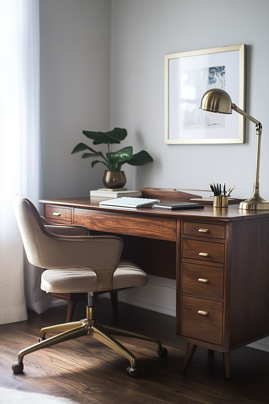 Wide angle view. Mobile workspace. Mahogany desk, mid-century office chair, brass lamp.