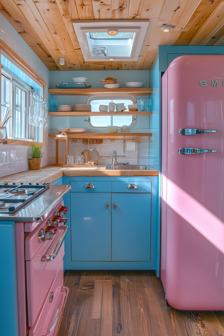 Wide angle view. Retro Tiny house kitchen. Ultra-glossy cobalt cabinets with pastel pink Smeg refrigerator.