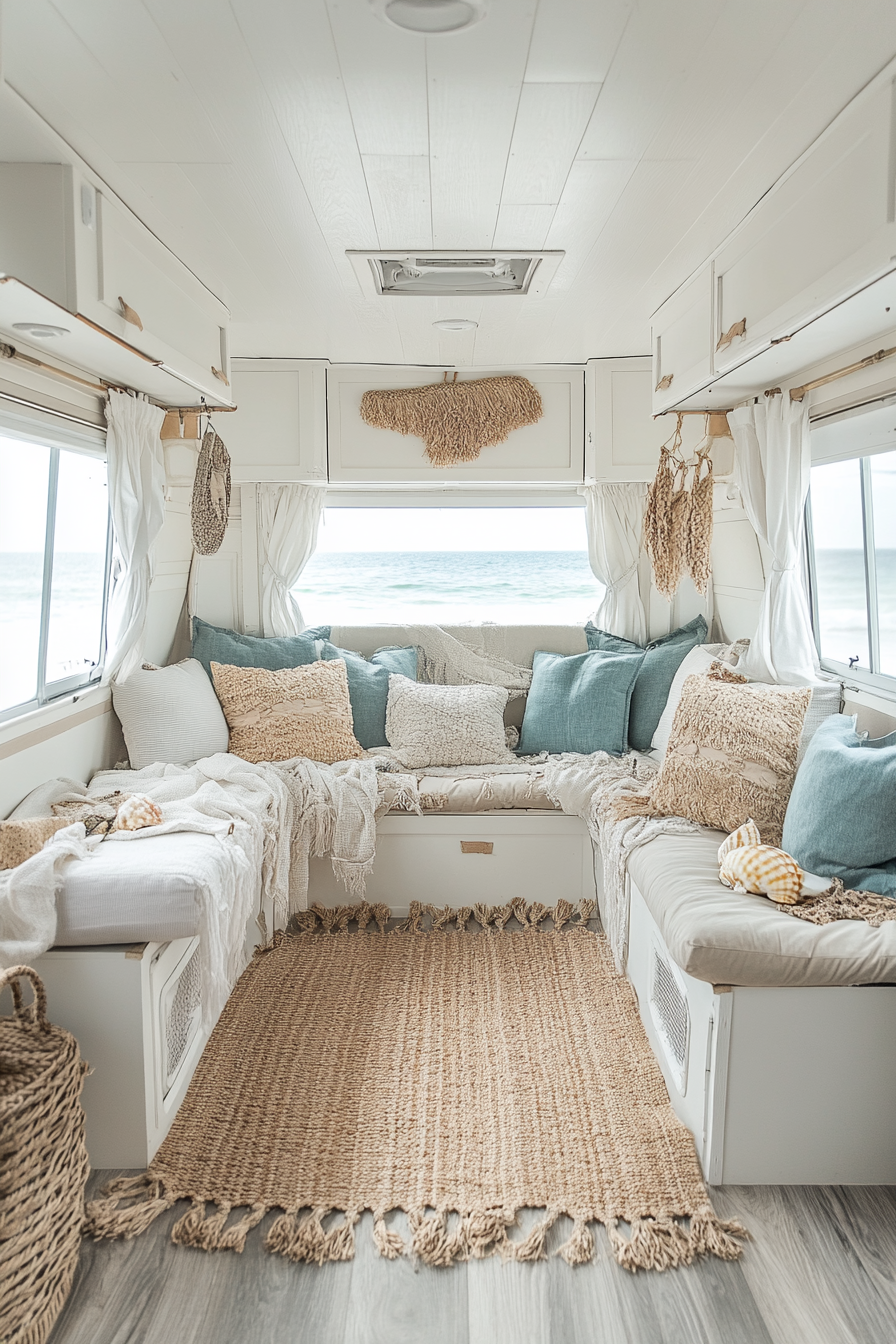 Wide-angle view of coastal RV. Natural fiber carpets, seashells, azure throw pillows.