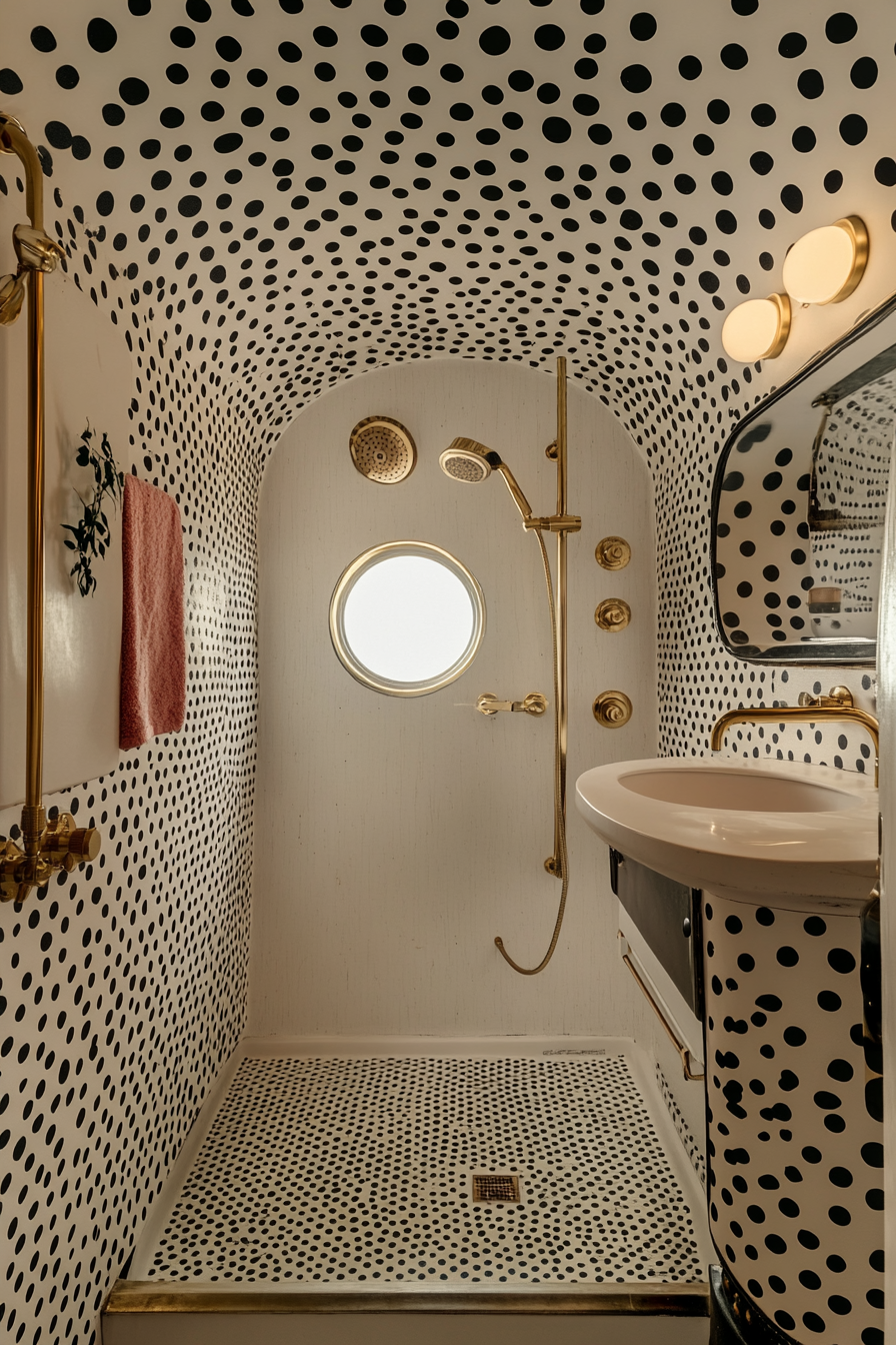 Mid-century camper bathroom. Polka dot wallpaper and brass shower fixtures.