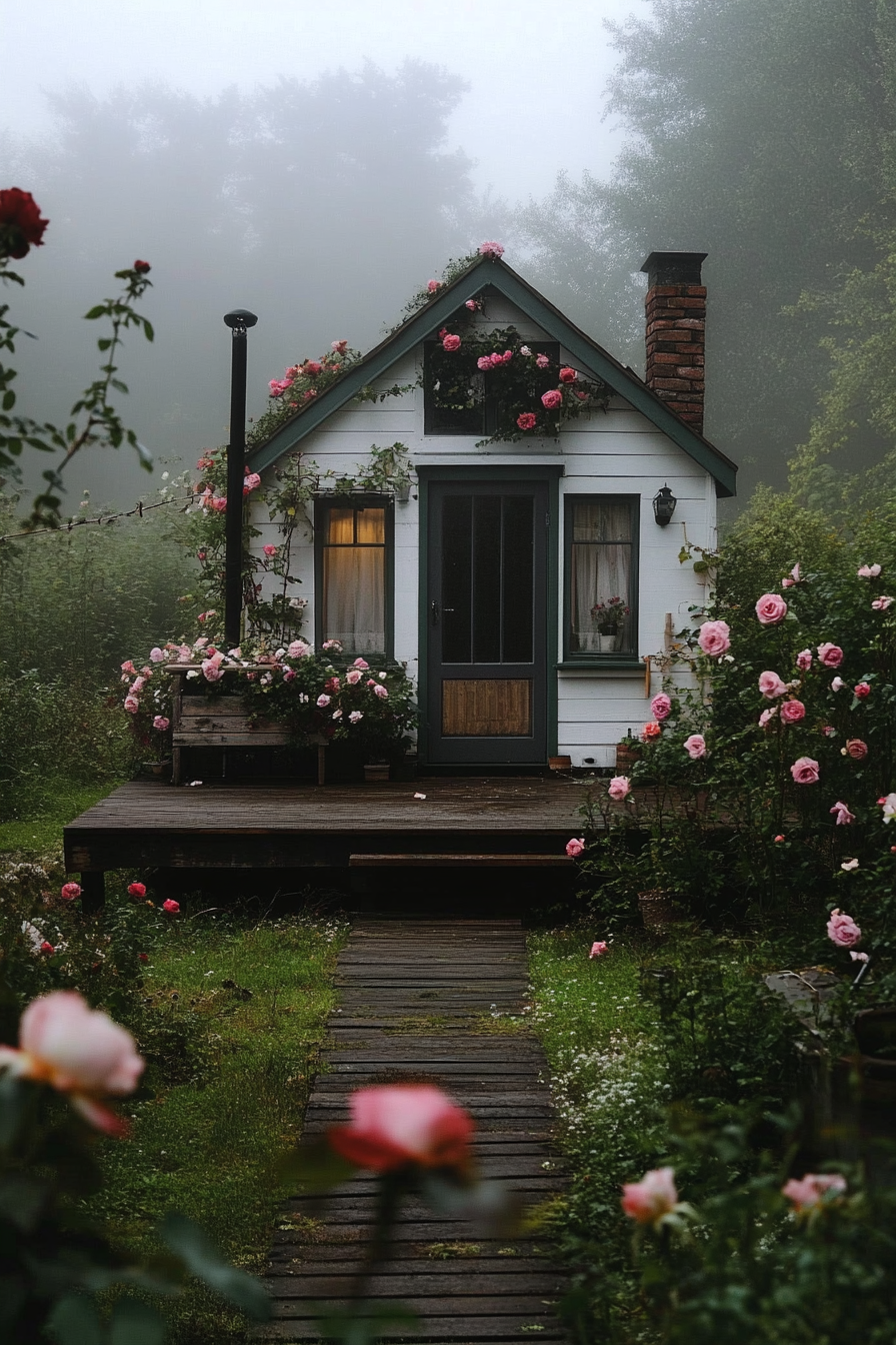 Tiny house deck in English countryside. Flower-filled, climbing roses, morning fog, wide angle.