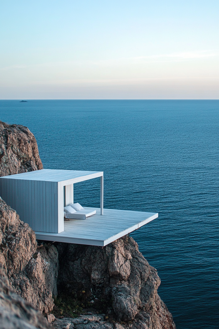 Tiny home platform. Danish steel-reinforced, alpine white seating against blue ocean view from clifftop.