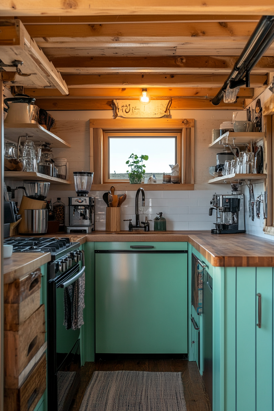 Wide angle view of tiny house kitchen. Mint green steel-frame refrigerator and gleaming espresso machine.