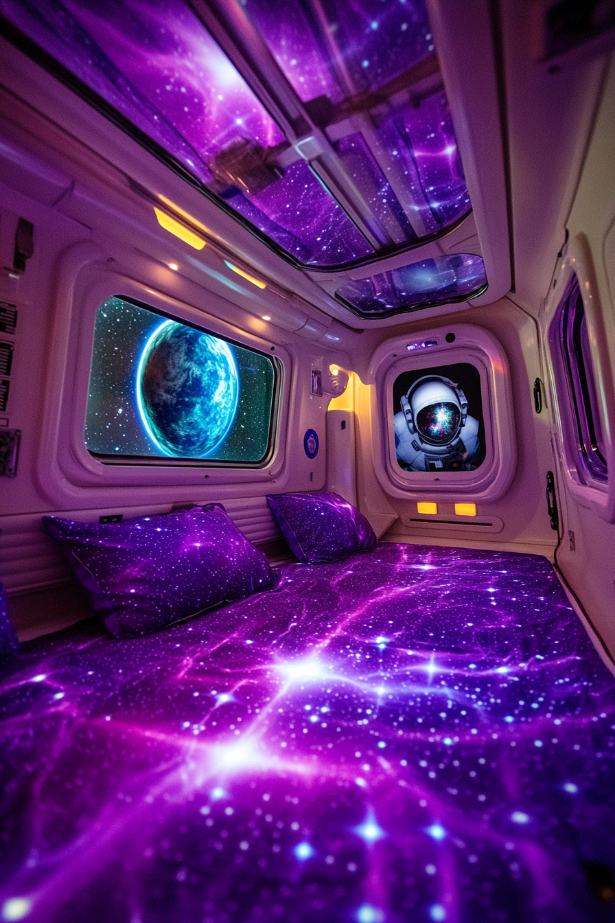 Wide angle view. Space-themed sleeping quarters with purple nebula-colored bedsheets, star projections and astronaut portraits.