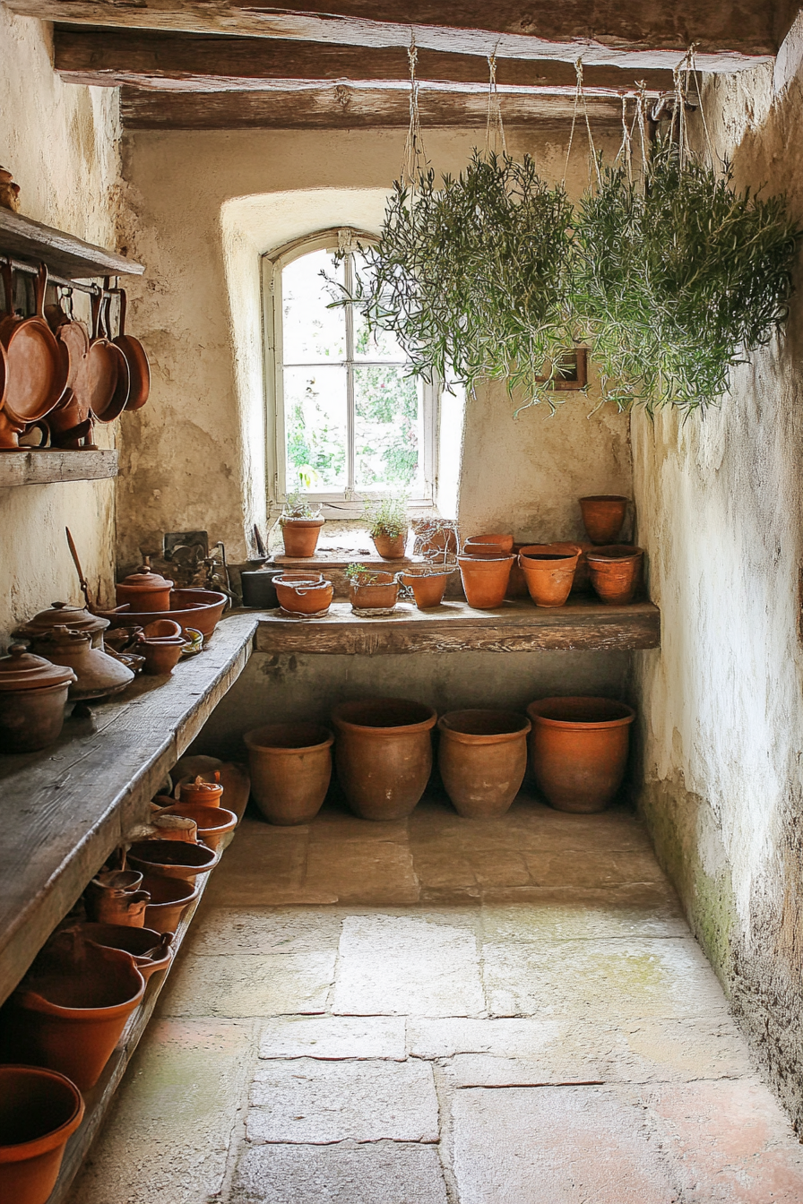 Wide angle view. Provincial cooking area with hung rosemary and thyme, displayed clay pots.