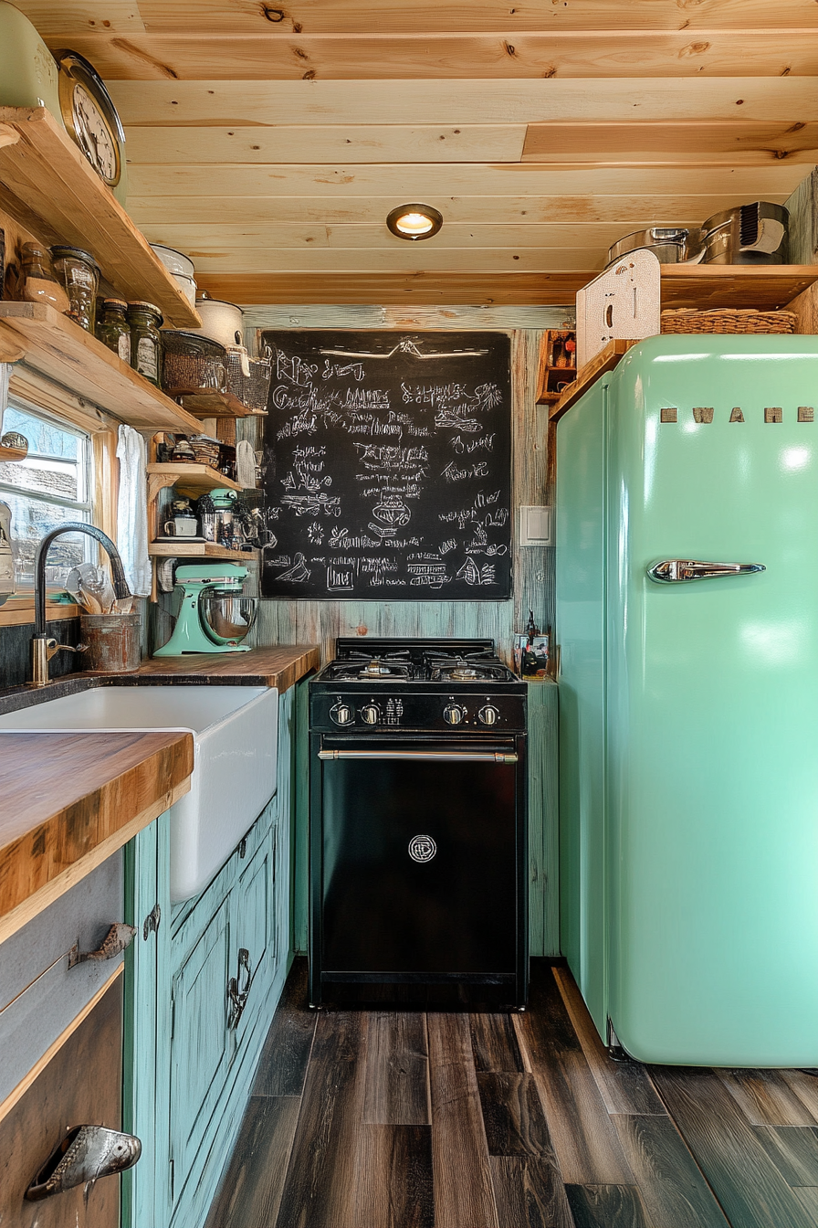 Wide angle view. Retro tiny house kitchen. Blackboard cabinet. Vintage mint green refrigerator.