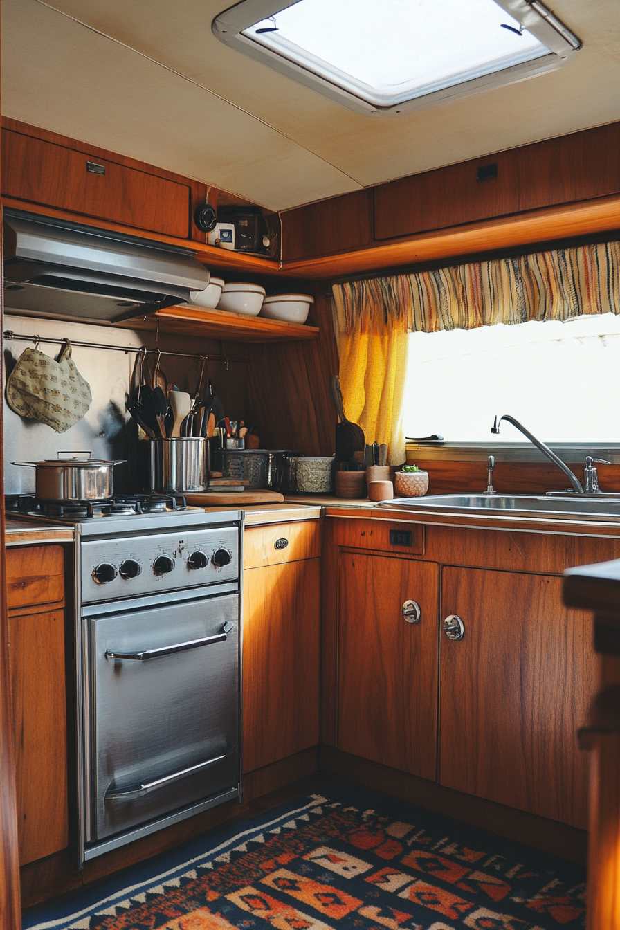 Wide angle view. Camper kitchen with teak cabinets and chrome retro knobs.