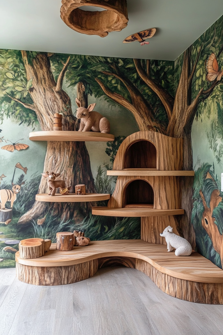 Nature-inspired baby room. Forest wall mural, low wooden shelves, animal-shaped exploration zones.