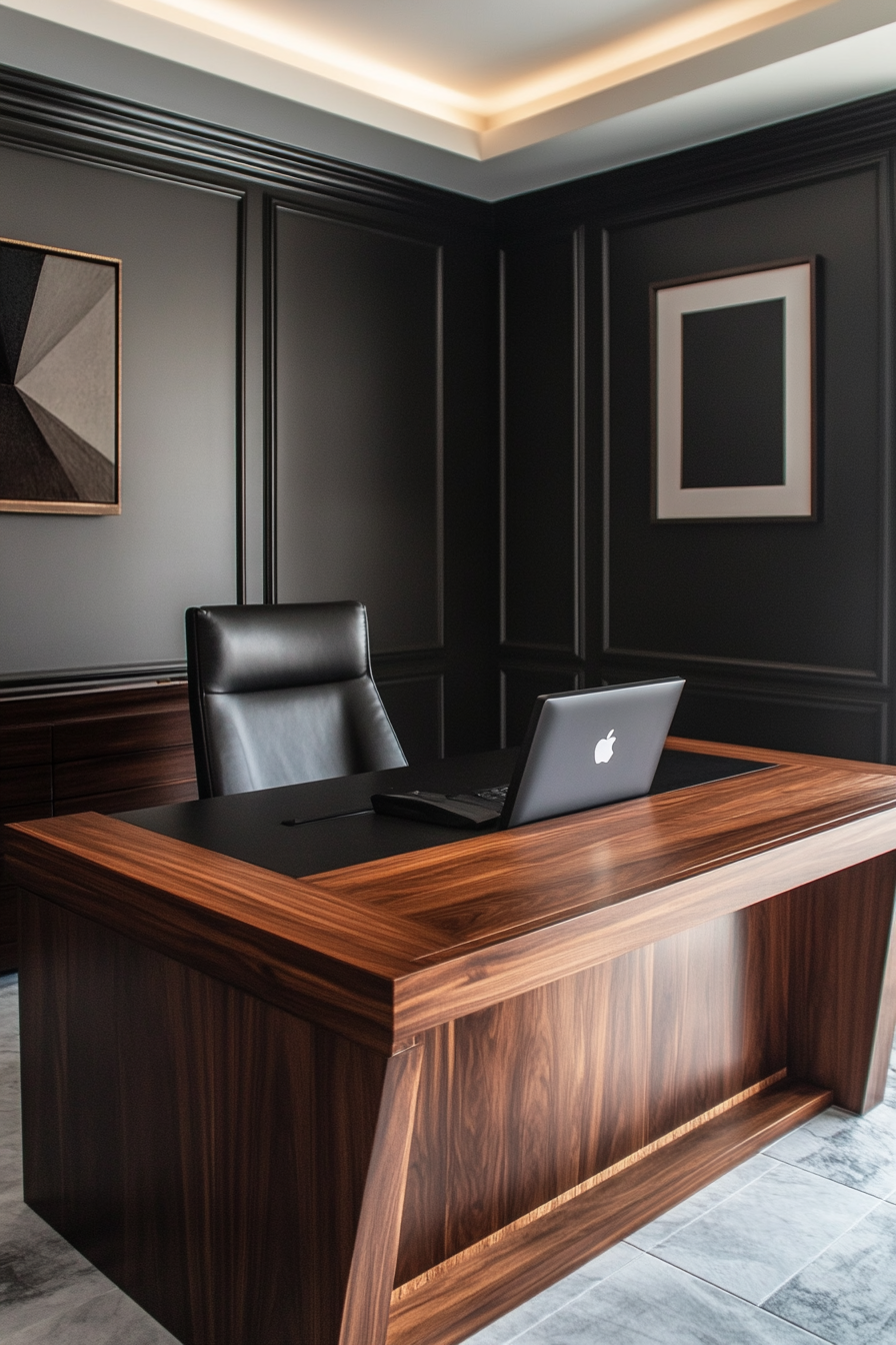 Wide angle view. Upscale mobile workspace with black leather and walnut executive desk.