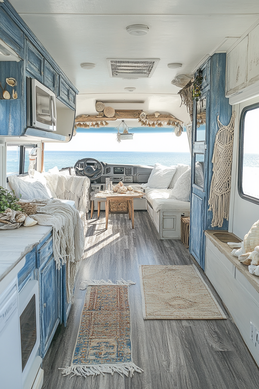 Wide angle RV view. Blue distressed wood, macrame accents, scattered seashell display.