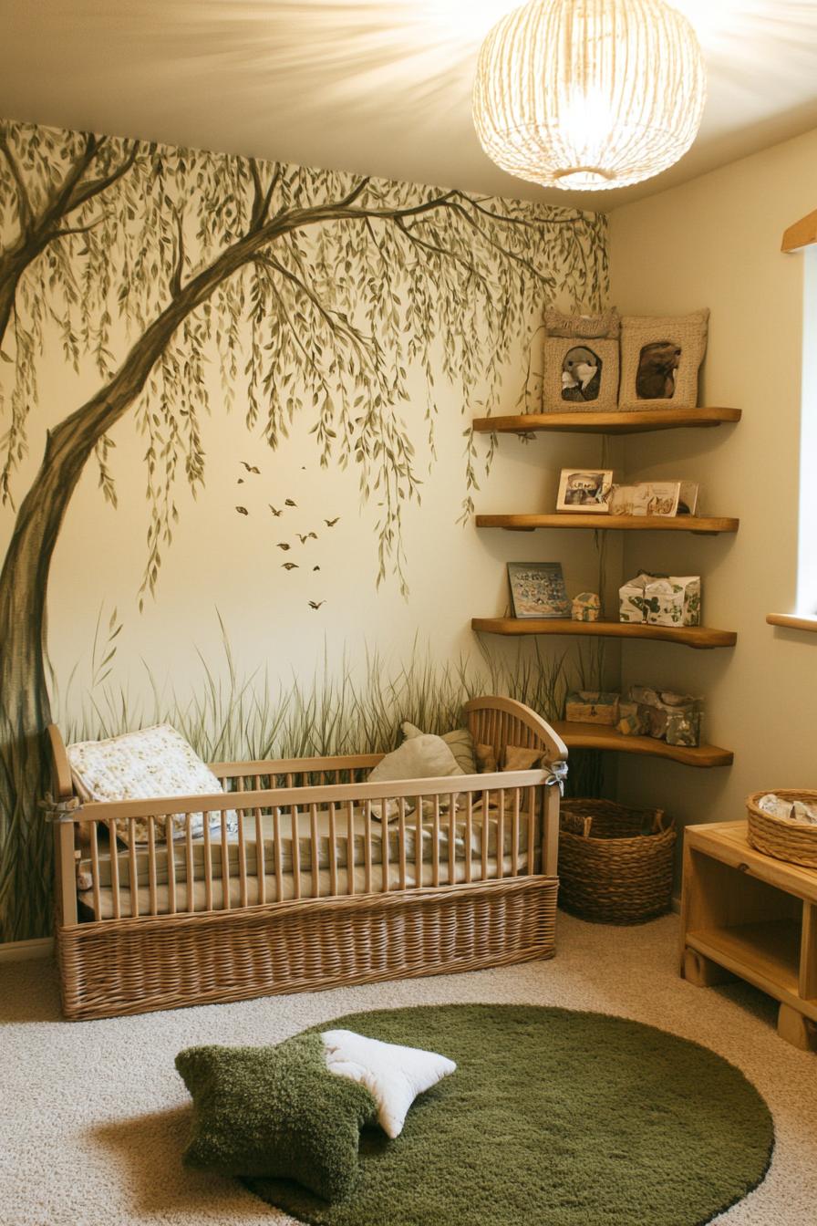 Nature-inspired baby room. Willow tree wall mural, low pine shelves, moss green exploration zones.