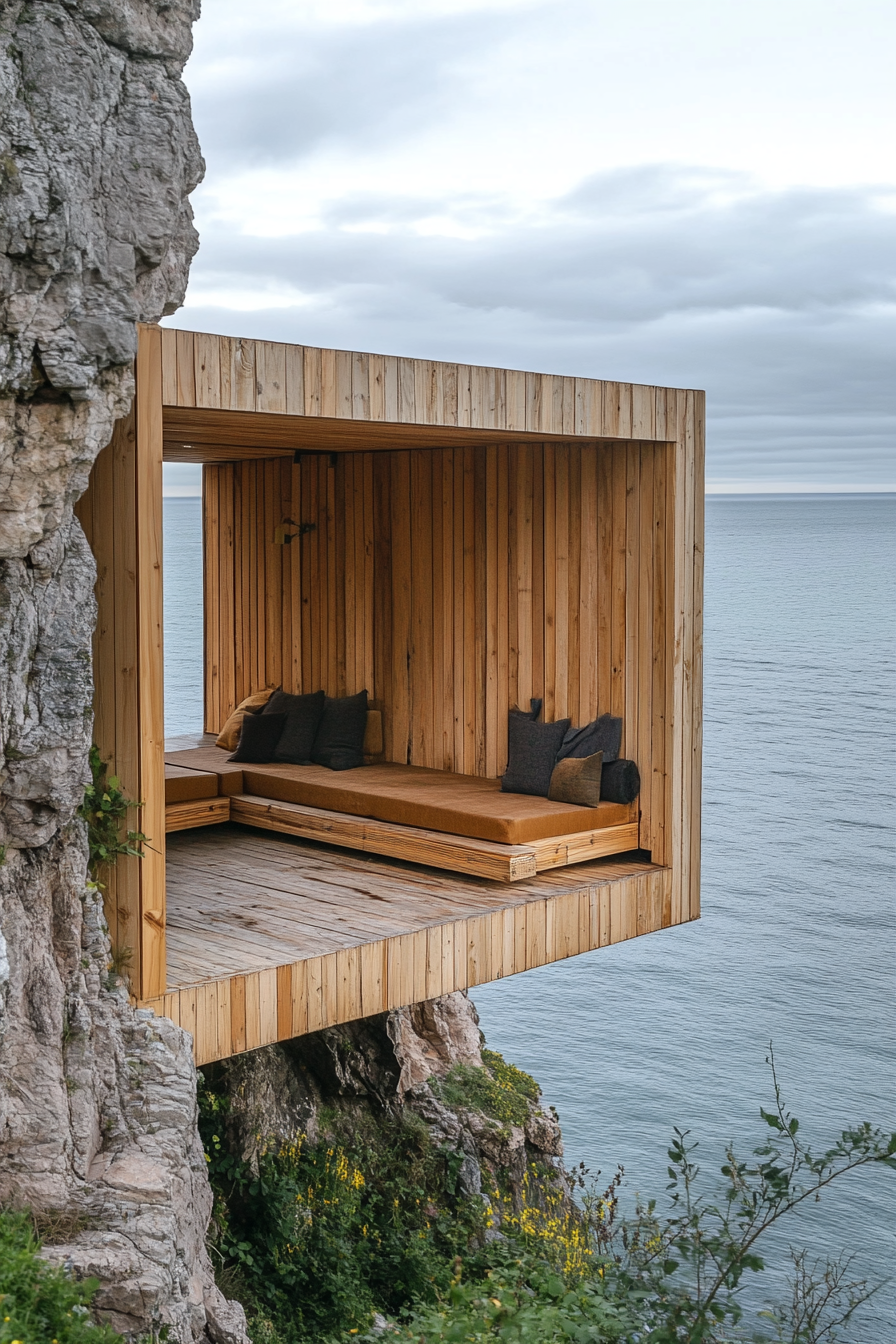 Tiny home platform. Wooden build, built-in bench seating, clifftop setting, wide ocean view.