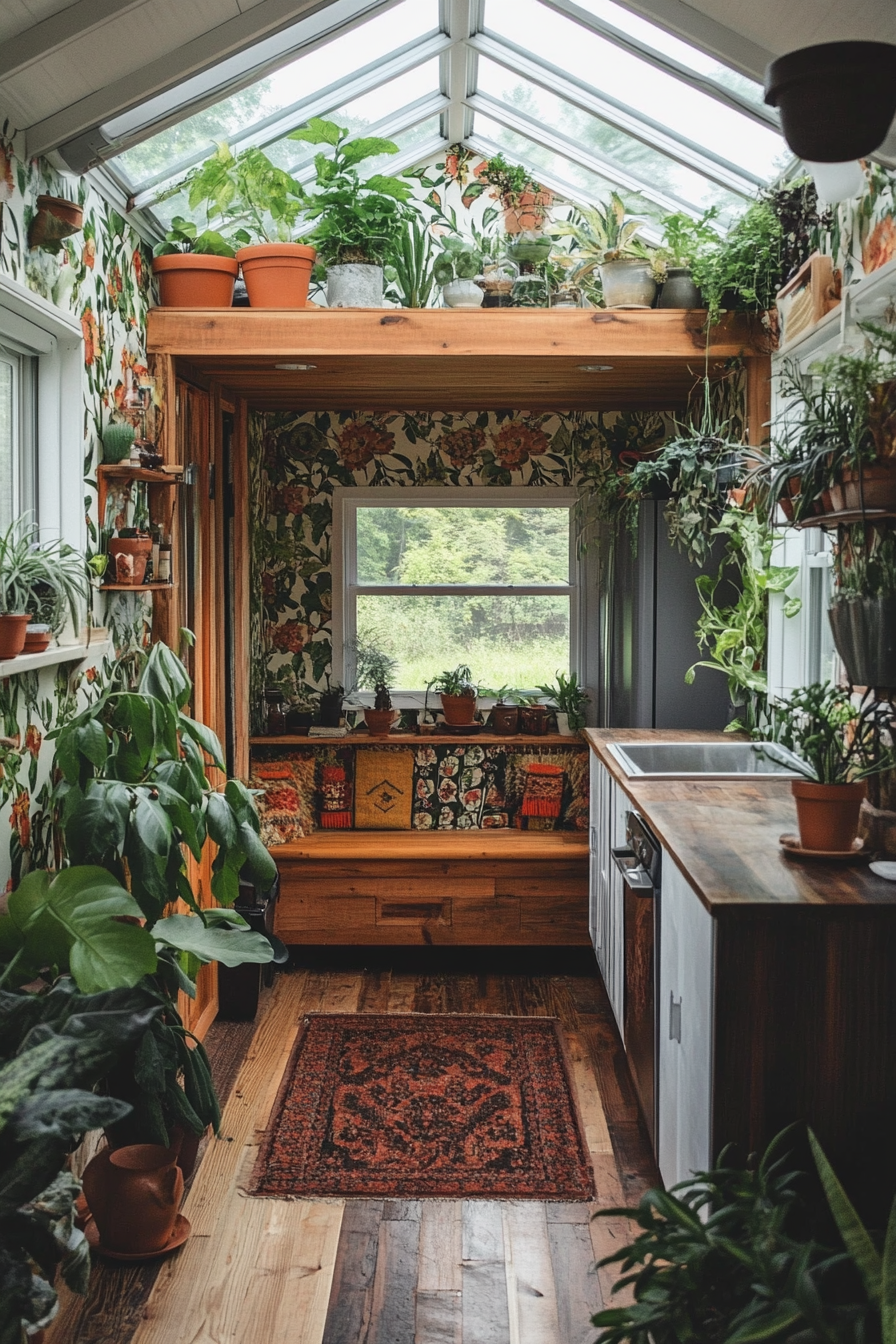 Wide angle view. Plant-filled tiny house, greenhouse windows, botanical wallpaper.