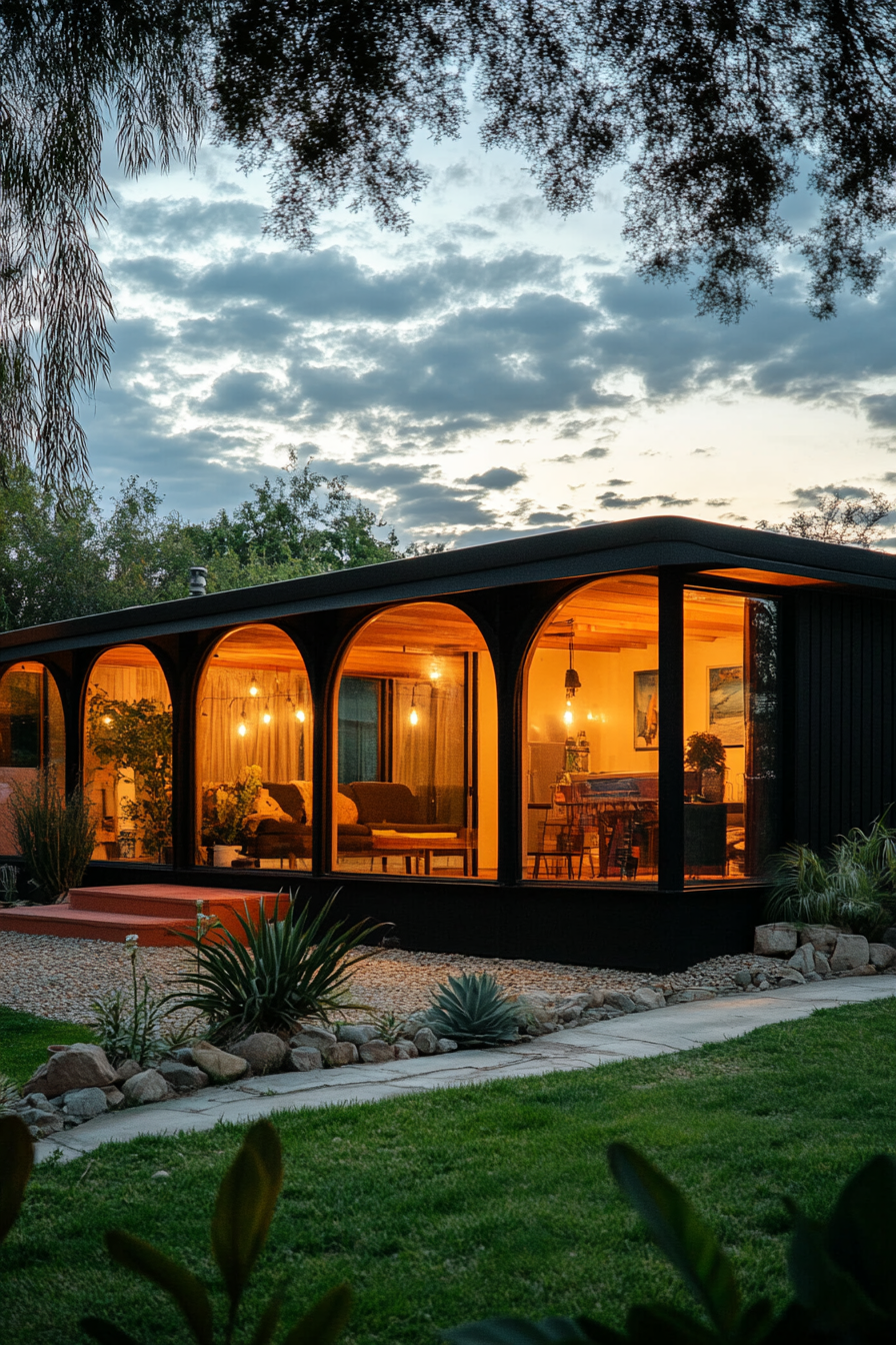 Wide angle view. Dark mobile home, sophisticated, arched details, terra cotta accents.