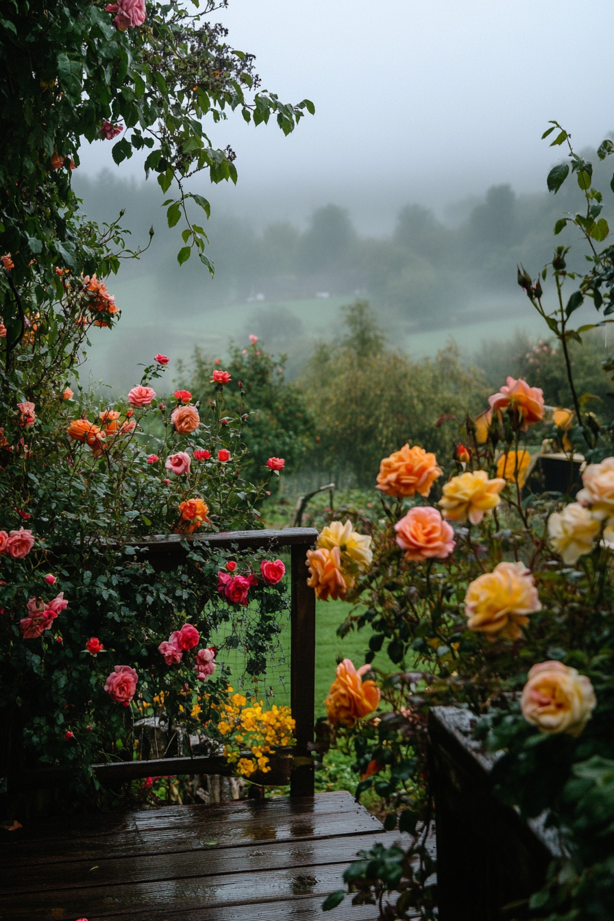 Tiny house deck view. Climbing roses and vibrantly colored flowers in foggy, English countryside.