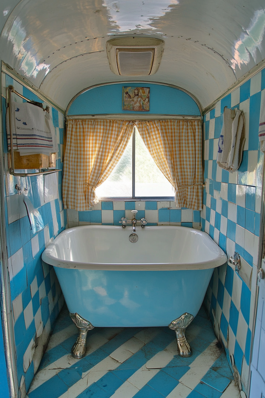 Wide angle view. 1950s RV bathroom, checkered blue-and-white tiles, clawfoot tub.