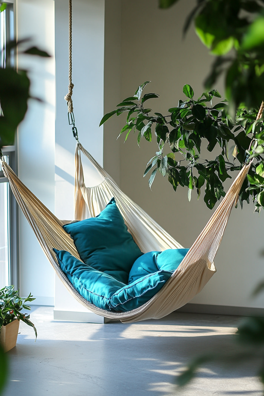 Wide angle of mobile studio. Hanging hammock chair with turquoise pillow storage.