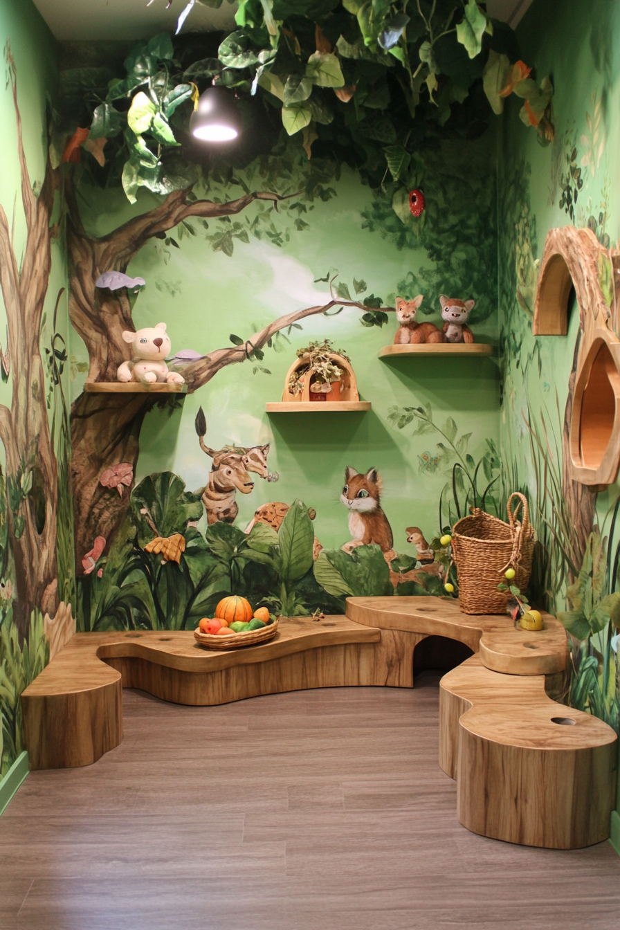 Baby room, nature-inspired, jungle murals, teak low shelves, tactile exploration zone with natural items.