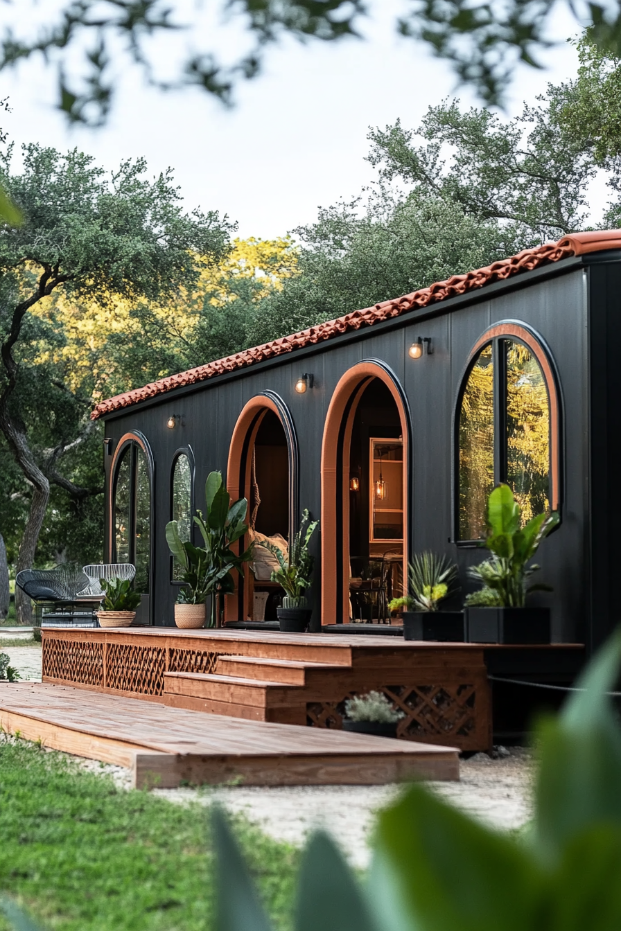 Wide angle view. Dark mobile home with arched details and terra cotta accents.